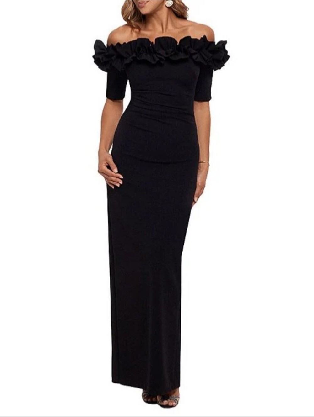 Xcape Ruffle Off the Shoulder Maxi Black Long Gown Size 4 Small
